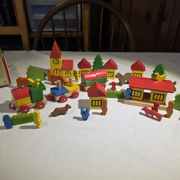 Vintage Lorenz Spielwelt Wooden Village And Train Building Set 70s West Germany - Picture 5 of 16